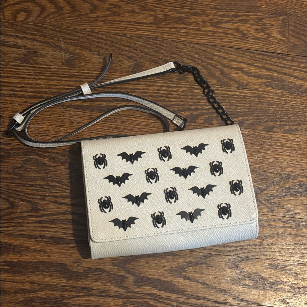 SOLD Betsey Johnson Stylish Cream Crossbody Bag with Black Spider and Bat Design